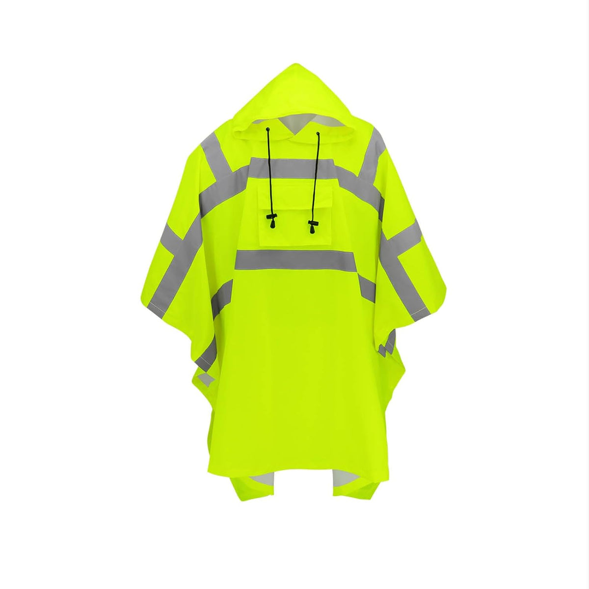 Hi-vis reflective rain poncho with a drawstring hood