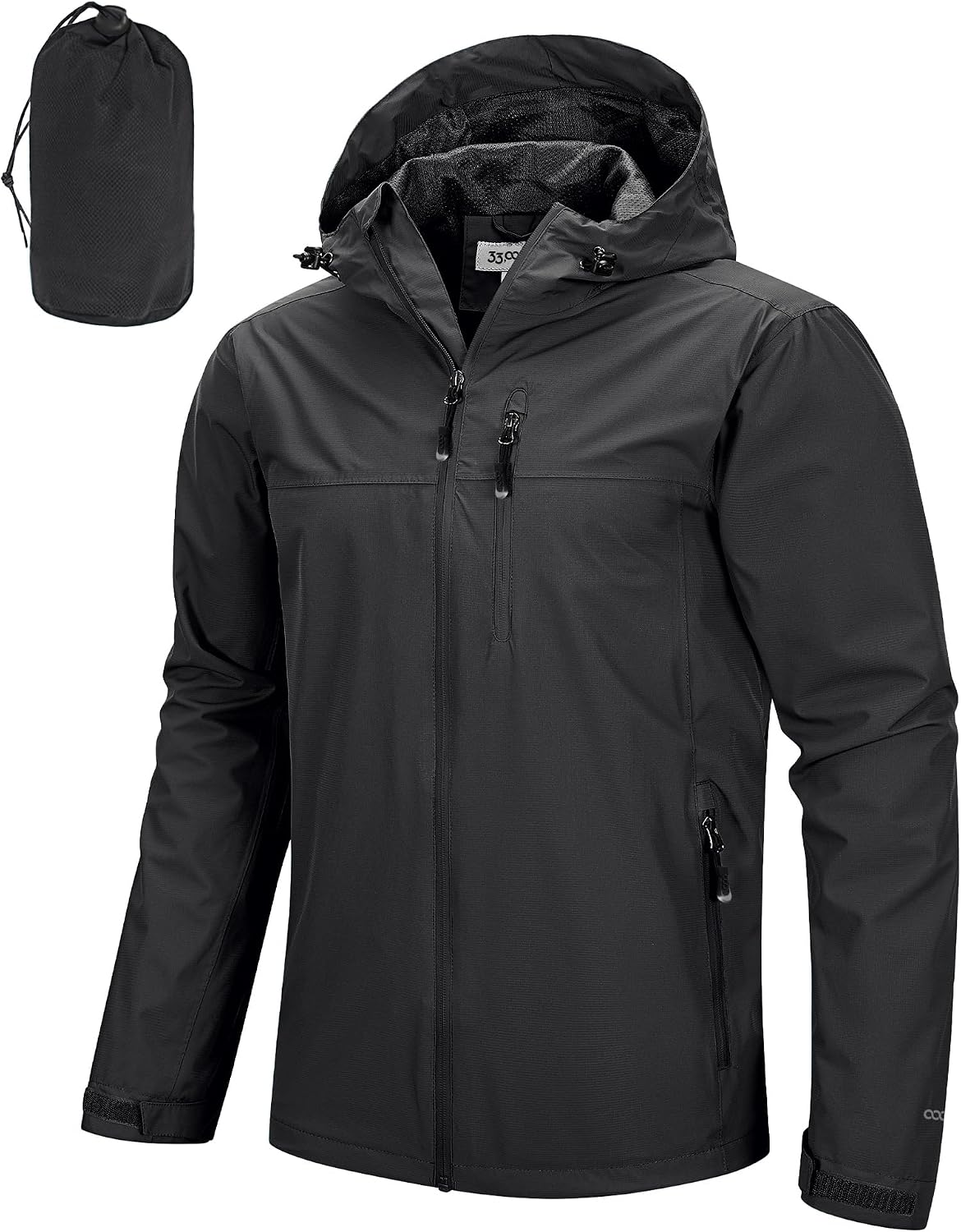 Men's packable waterproof rain jacket with a hood, shown zipped