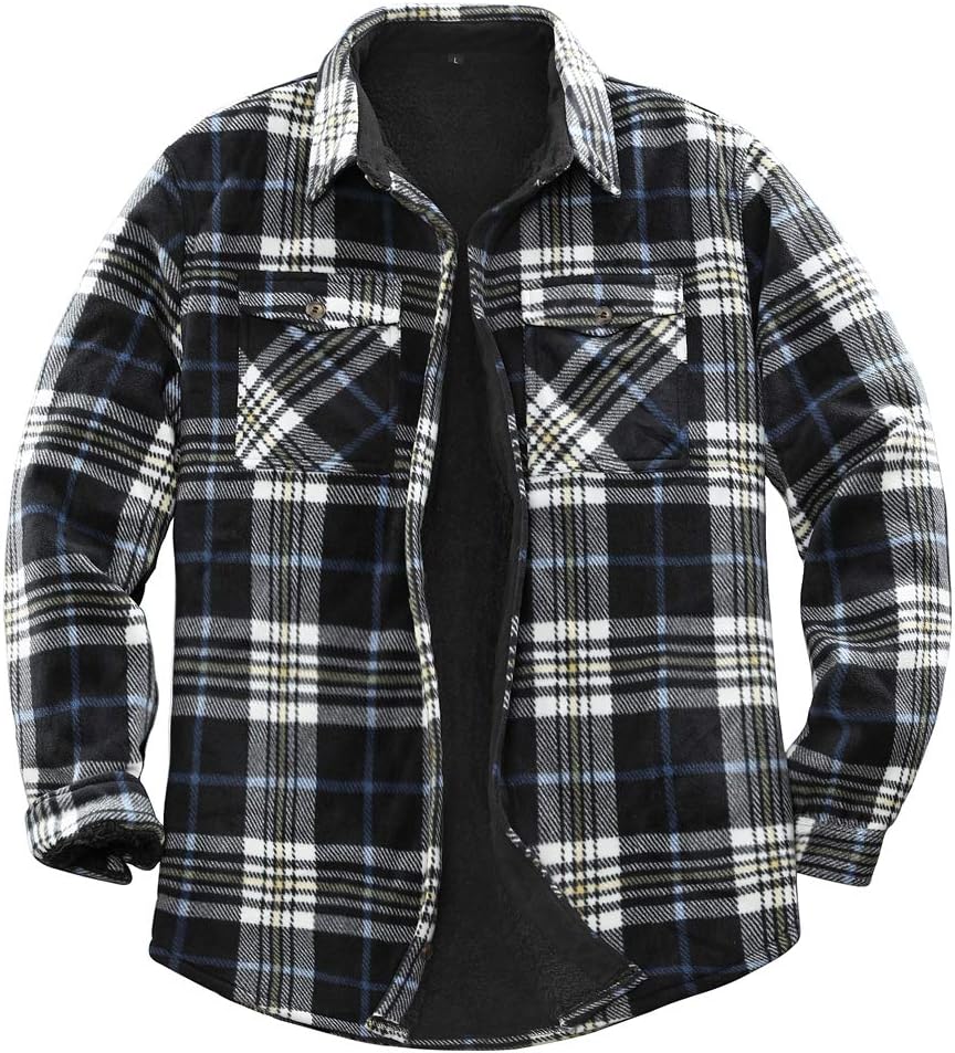 Men's sherpa lined plaid shirt jacket with utility pockets