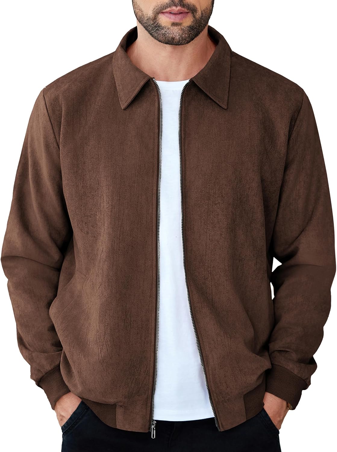 Men's faux suede bomber jacket with a turn down collar