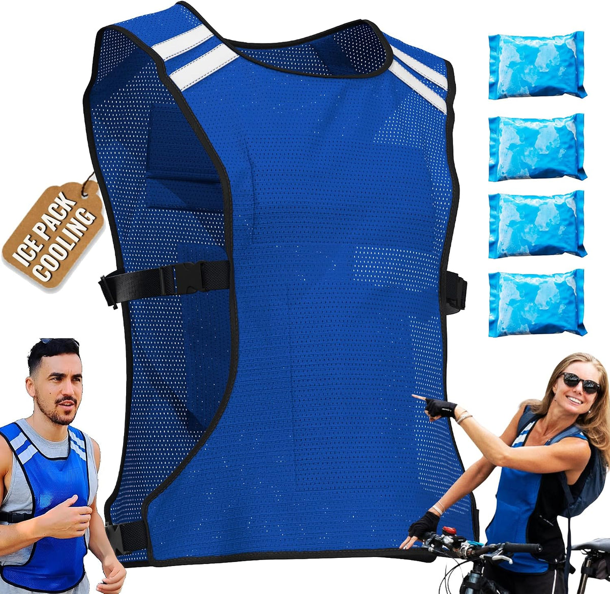Body cooling vest with pockets for reusable ice packs