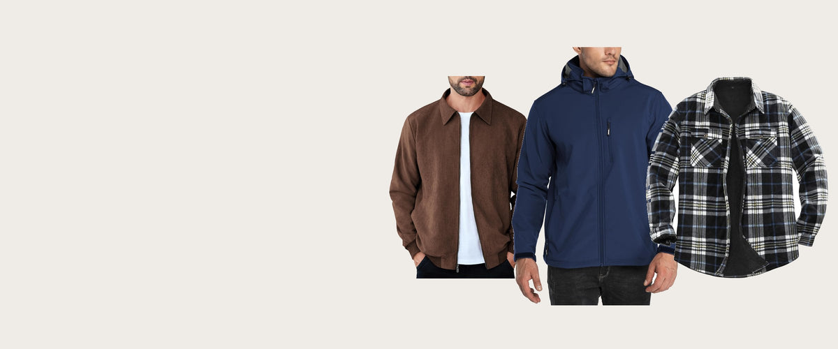 Three Festive Goodss jackets side by side: a brown faux suede bomber, a navy hooded softshell and a black and white plaid sherpa lined shirt jacket
